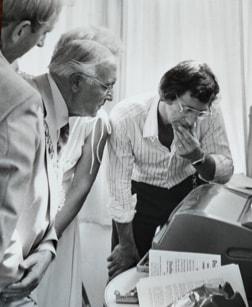 Terry demonstrating the Teleprinter to Mayor of Swindon in 1974/75